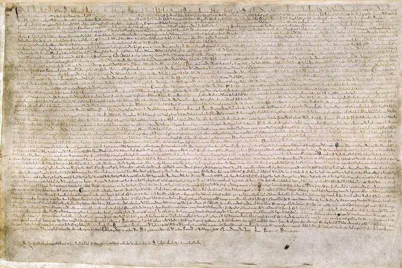 The 1215 Magna Carta, closely written in brown ink across a sheet of parchment
