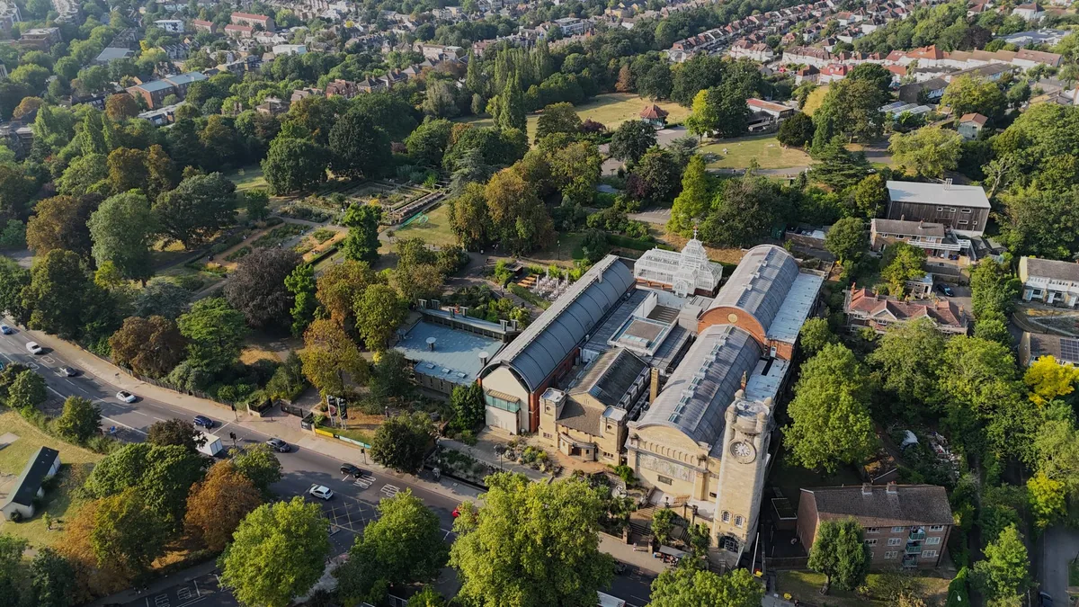 Aerial view of the Horniman Museum and its surrounding gardens in south London on a sunny day