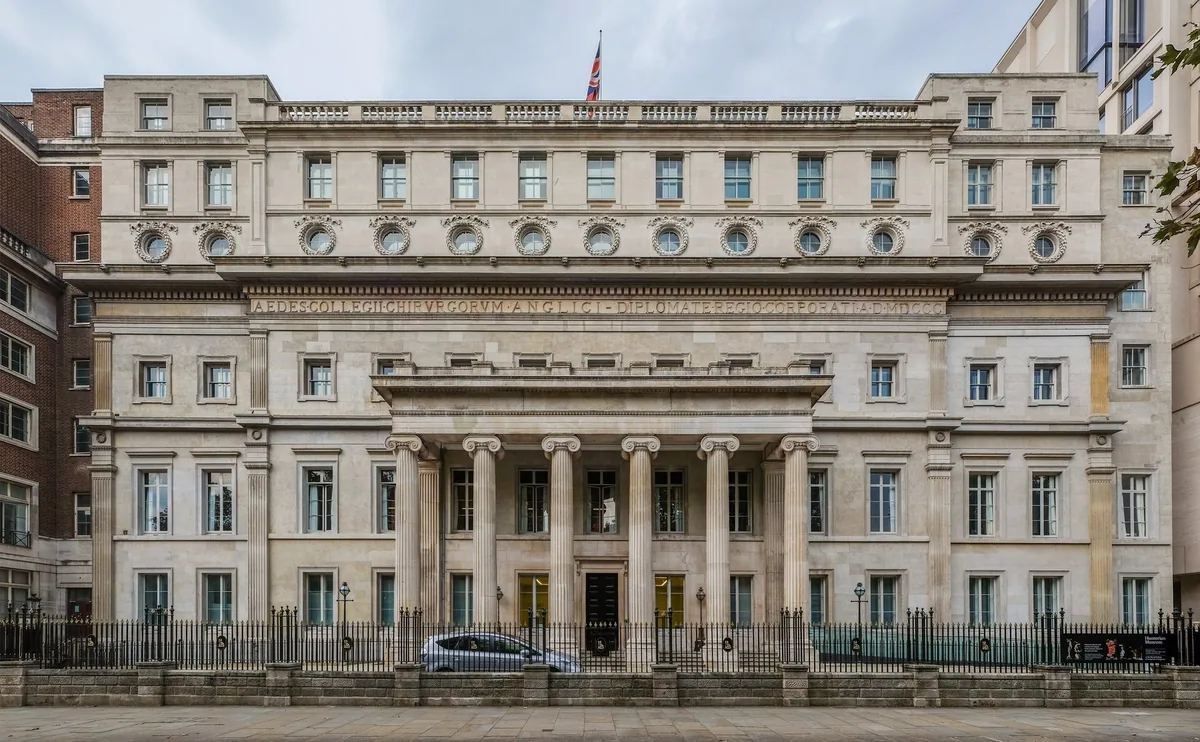 The columned stone front of the Royal College of Surgeons of England on Lincoln's Inn Fields, home of the Hunterian Museum