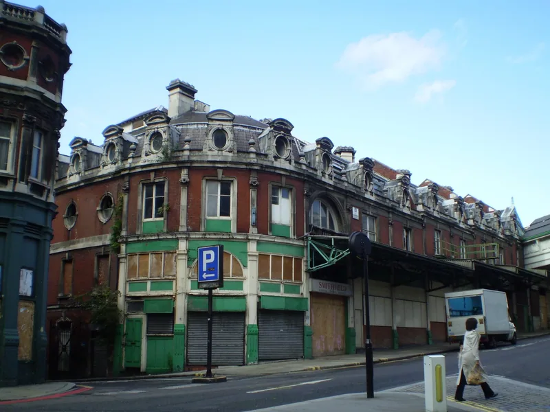 Corner of Smithfield's disused General Market building, the future home of the main London Museum, before restoration