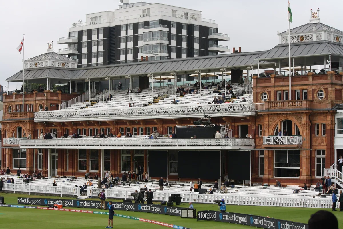 The red-brick Victorian Pavilion at Lord's cricket ground seen from across the outfield