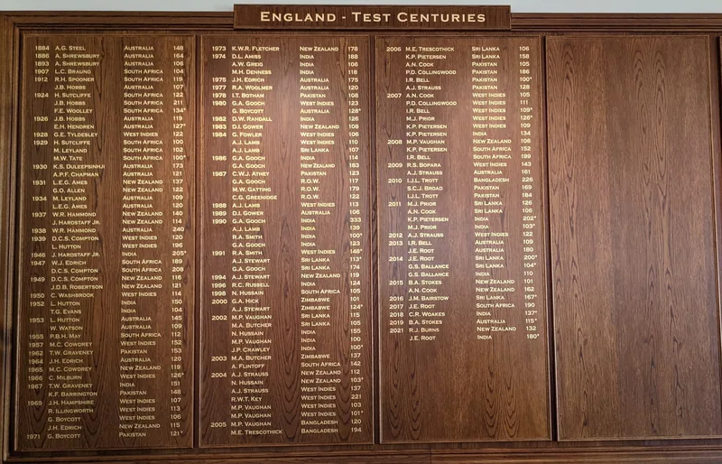 The England Test centuries honours board in the home dressing room at Lord's