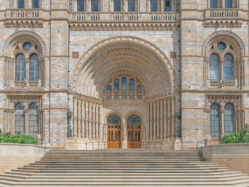 Romanesque terracotta entrance and front steps of the Natural History Museum in South Kensington