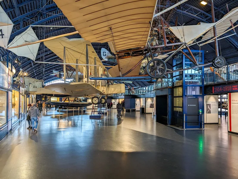 Historic aircraft hanging from the roof of the Flight gallery inside the Science Museum