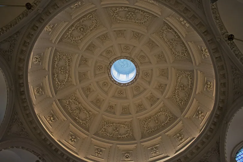 The coffered plaster dome and central lantern of St Stephen Walbrook seen from directly below
