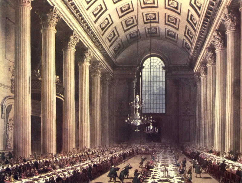 Hand-coloured 1808 aquatint of a civic banquet in the colonnaded Egyptian Hall at Mansion House, tables running the length of the room
