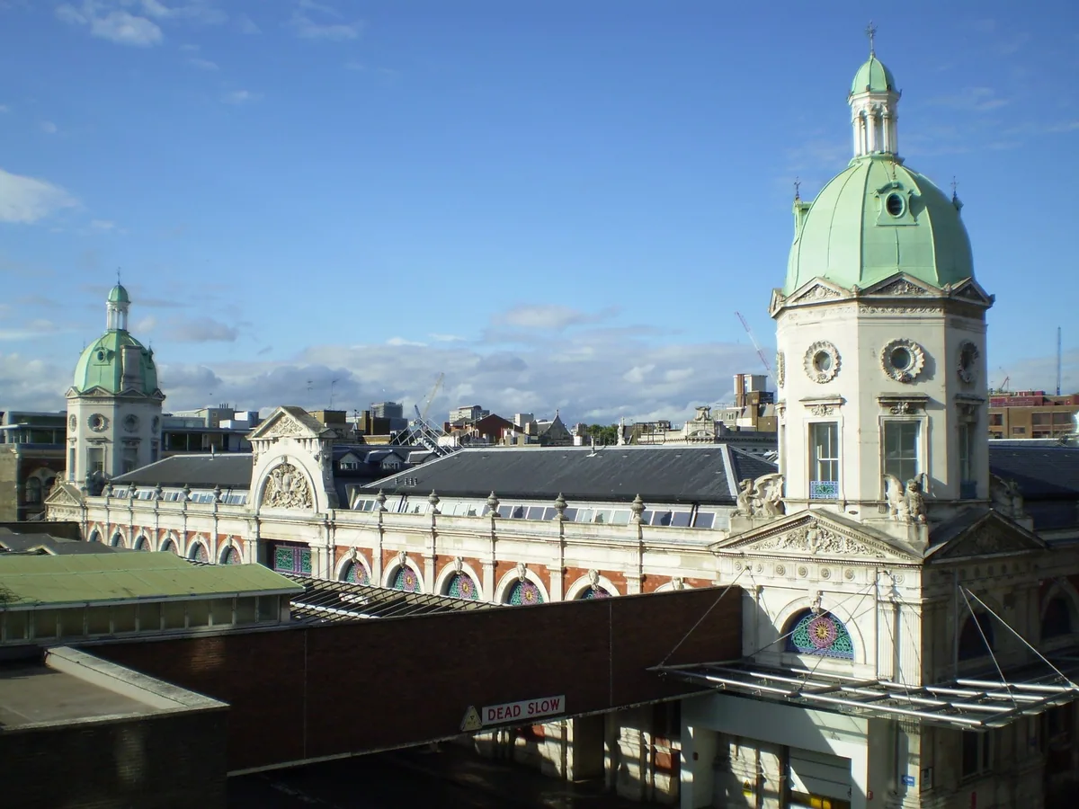 The green copper domes and long roof of Smithfield Market seen from above on a sunny day