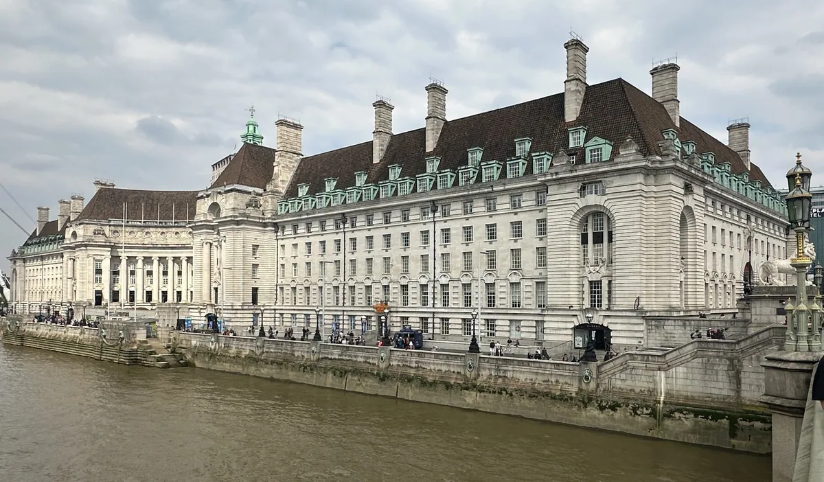 County Hall on the South Bank, the Portland stone building housing the London Dungeon, seen from Westminster Bridge