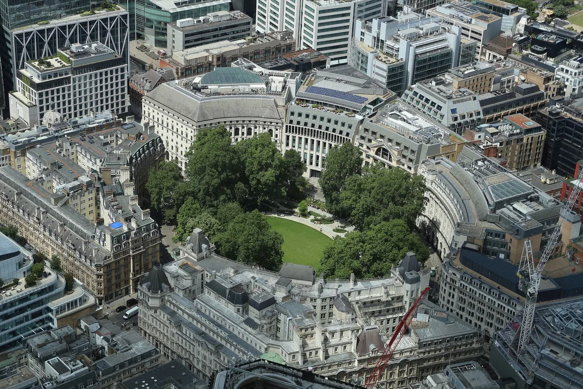 Finsbury Circus seen from above, an oval of lawn and plane trees completely enclosed by City of London office blocks