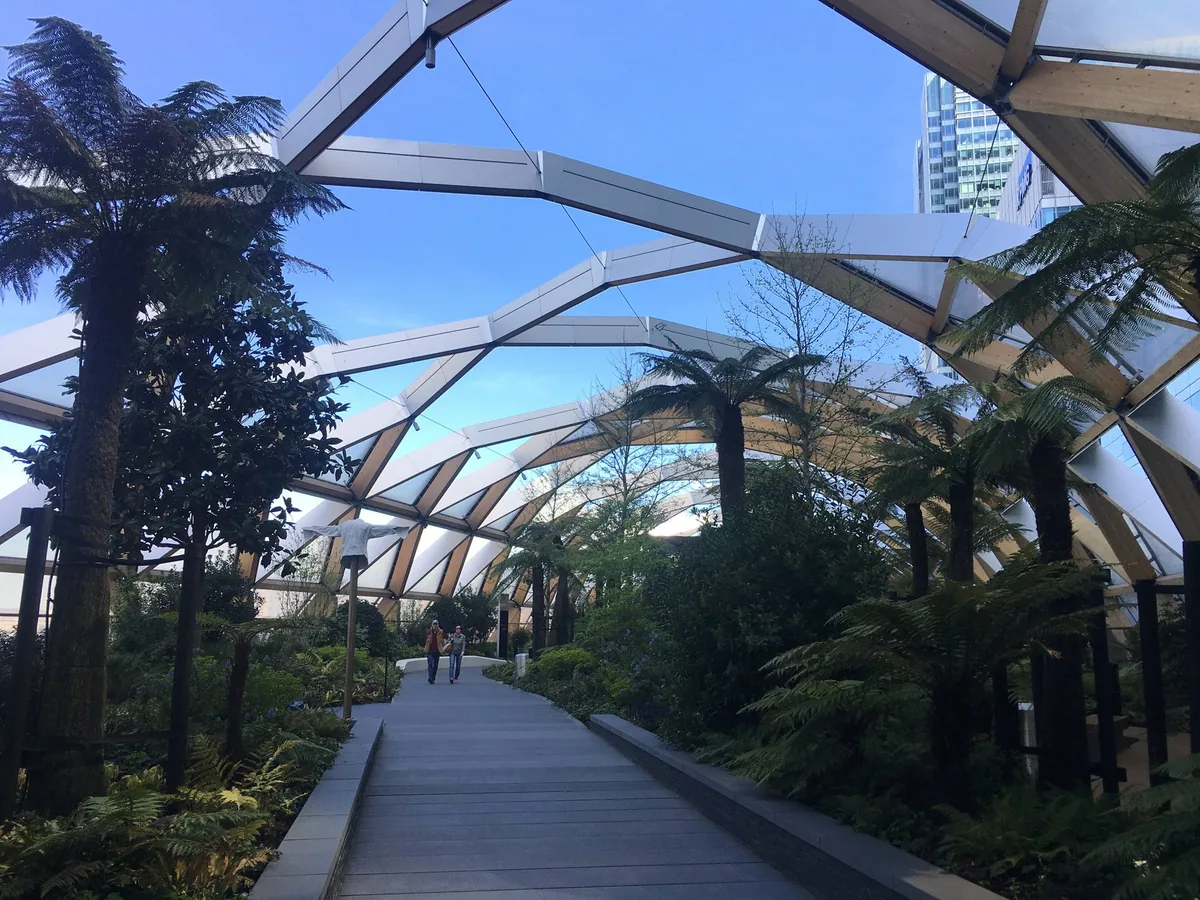 Palms and a timber walkway under the latticed roof of the Crossrail Place roof garden at Canary Wharf