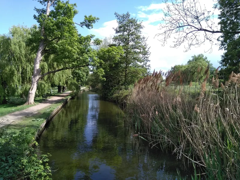 A gravel path beside the walled New River channel, with a willow leaning over the water and tall reeds on the far bank