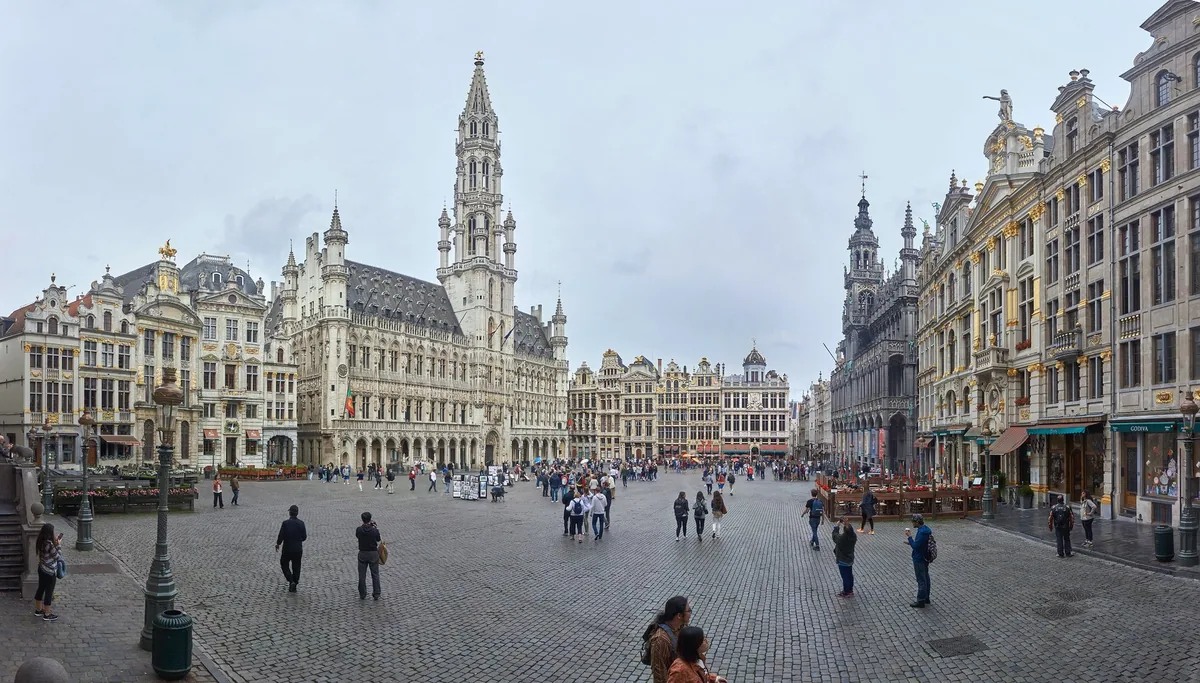 The Grand-Place in Brussels, with the Gothic spire of the Town Hall above the cobbled square