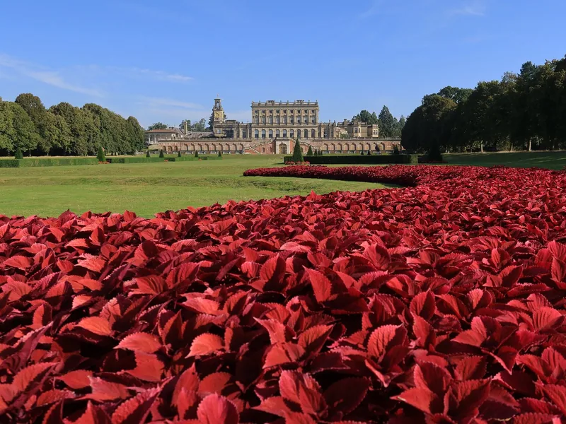 The parterre at Cliveden planted with wedges of deep red bedding, the house on its terrace beyond the lawn
