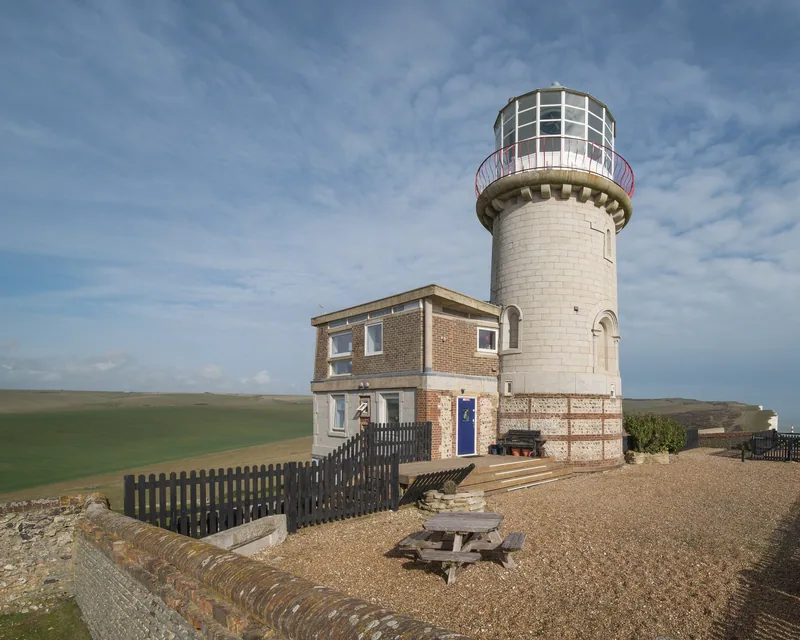 The Belle Tout lighthouse standing on the clifftop downland above Beachy Head