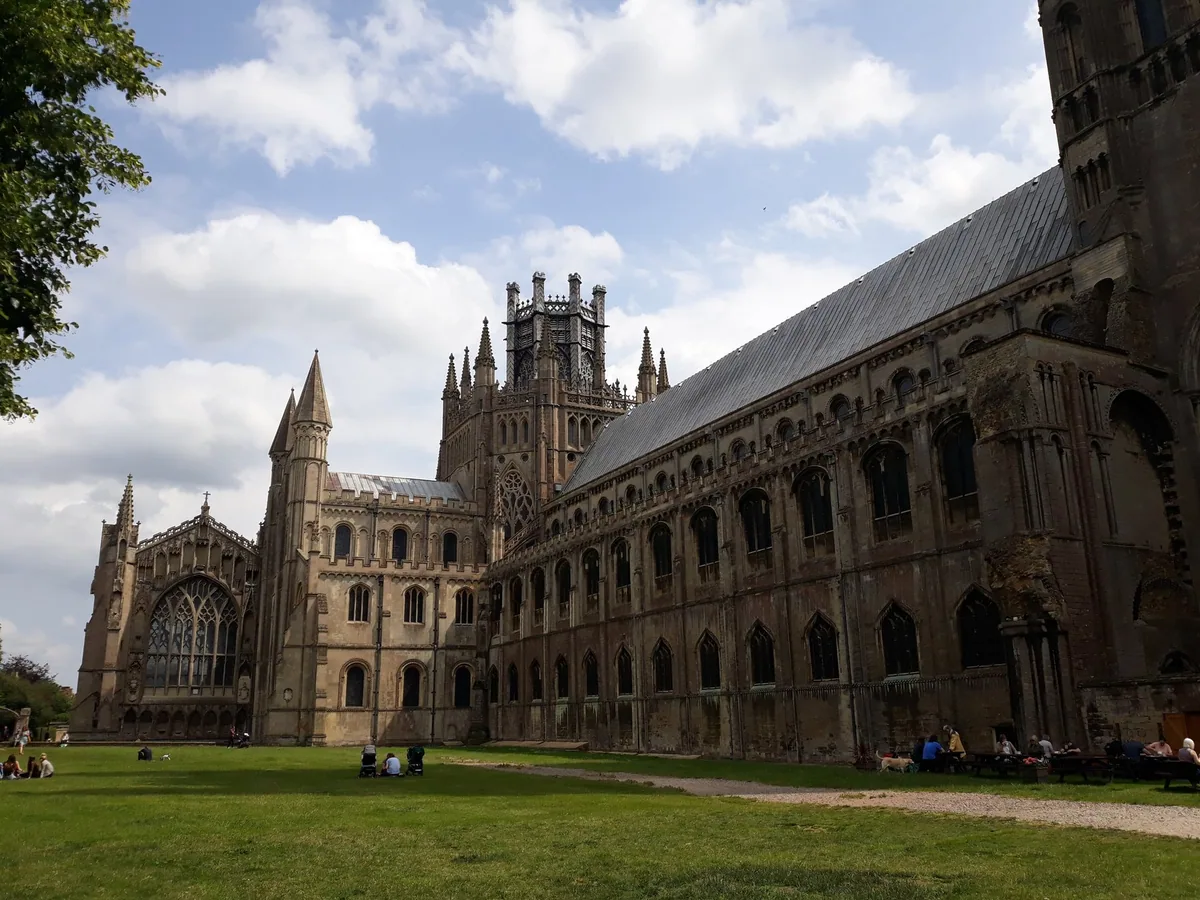 Ely Cathedral seen from the green, with its octagonal lantern tower and long nave roof