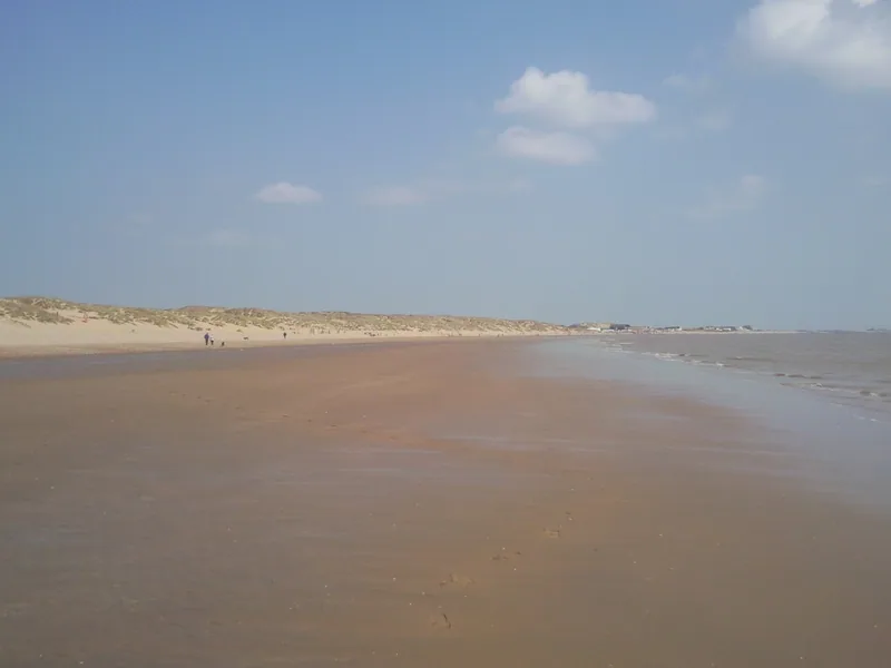 The wide flat sands at Camber stretching to low dunes, with the tide far out on a clear day