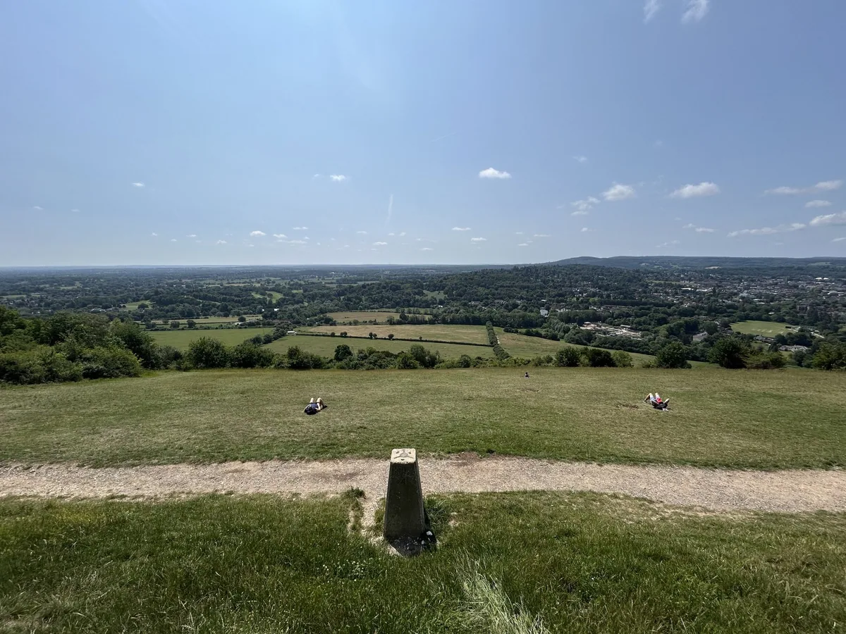 Open chalk downland at Salomons Memorial on Box Hill, looking out over the fields of the Surrey Weald