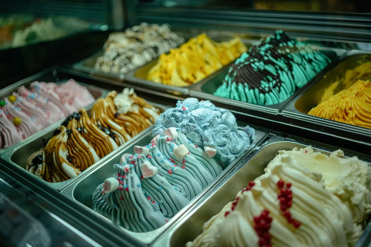 Trays of brightly coloured gelato piled high behind the glass of a chilled display counter