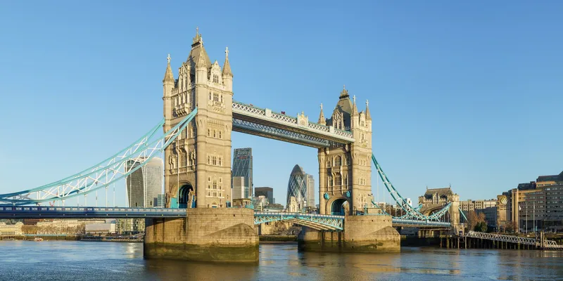 Tower Bridge in morning light seen from the riverside at Shad Thames in Bermondsey