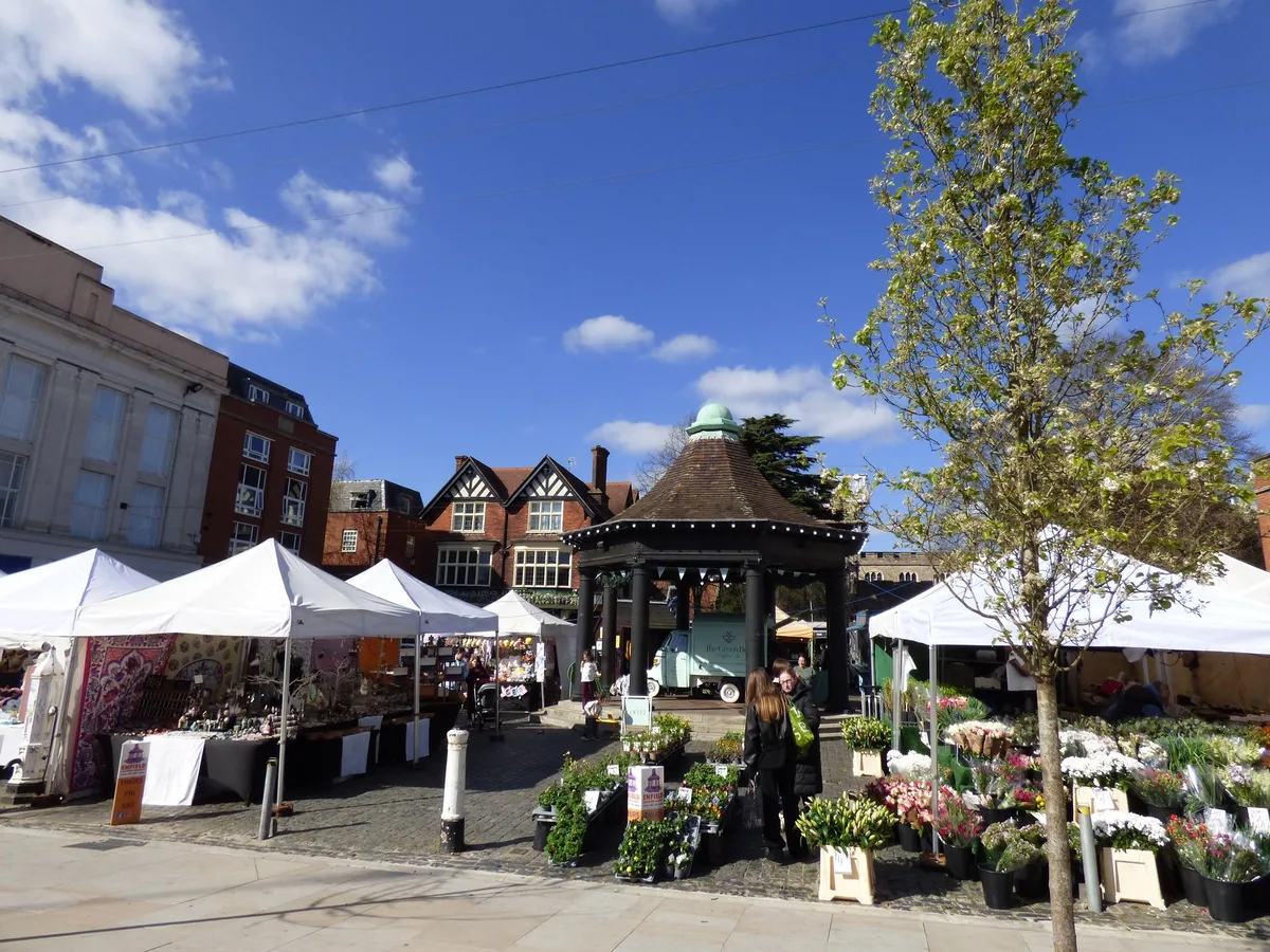 Enfield Town market: white stall canopies and buckets of cut flowers around the timber market cross with its copper dome