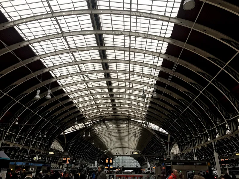 Brunel's glazed iron roof arching over the platforms at Paddington station