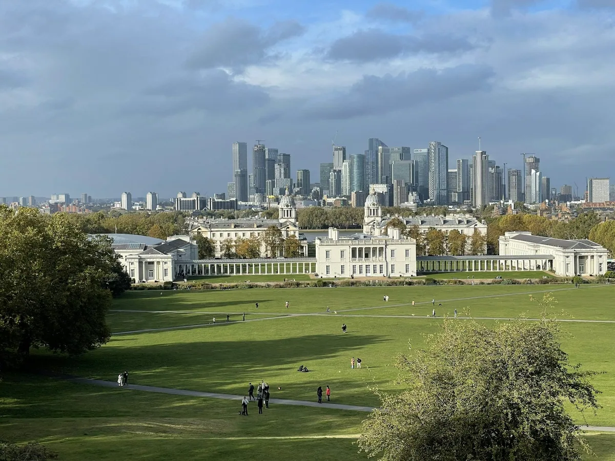 View from Greenwich Park over the Queen's House and Old Royal Naval College to the Canary Wharf towers