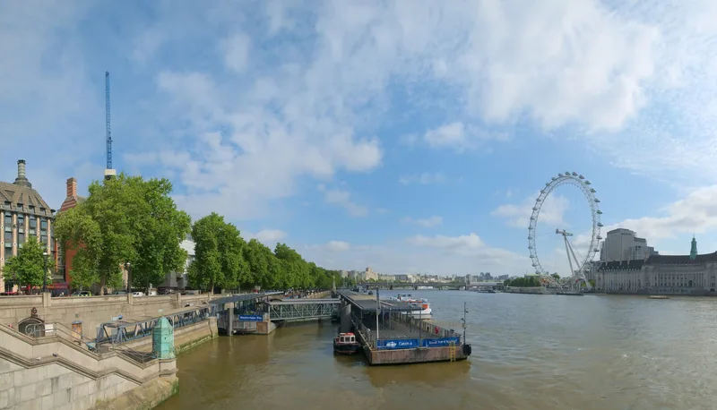 View along the Thames from Westminster Bridge towards Westminster Pier and the London Eye