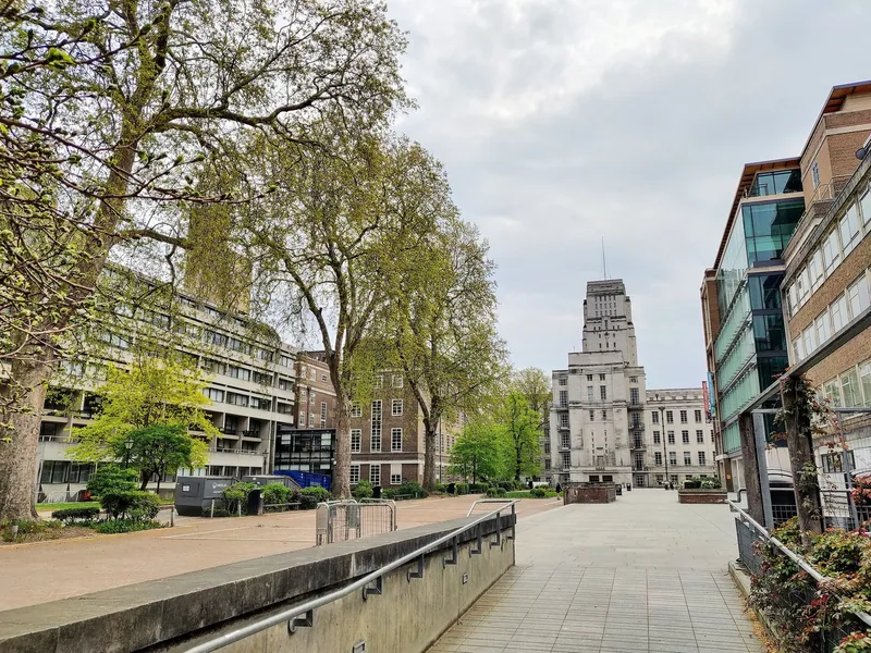 Torrington Square in Bloomsbury, with the tower of Senate House at the University of London at the far end