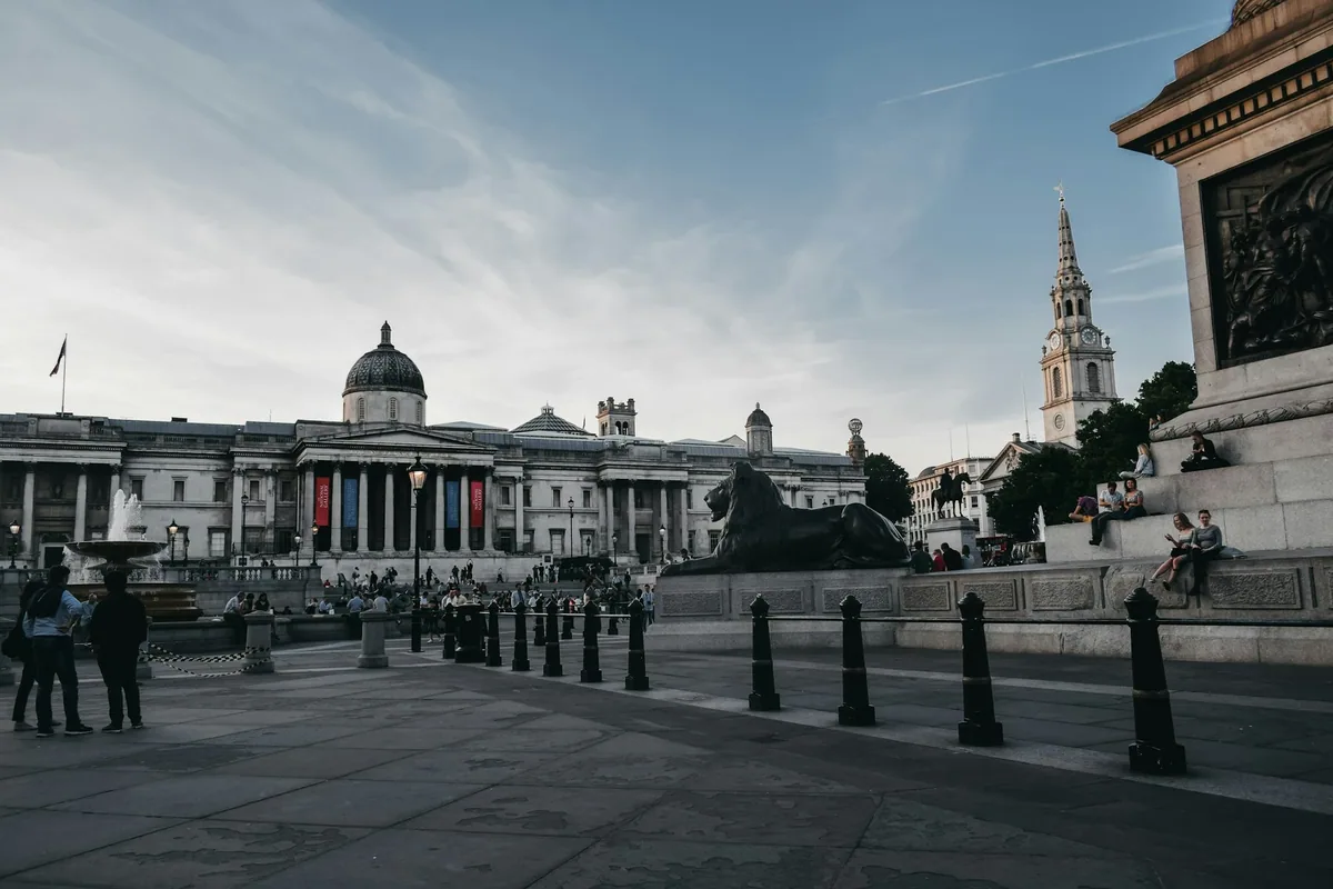 Trafalgar Square with the free National Gallery and the spire of St Martin-in-the-Fields