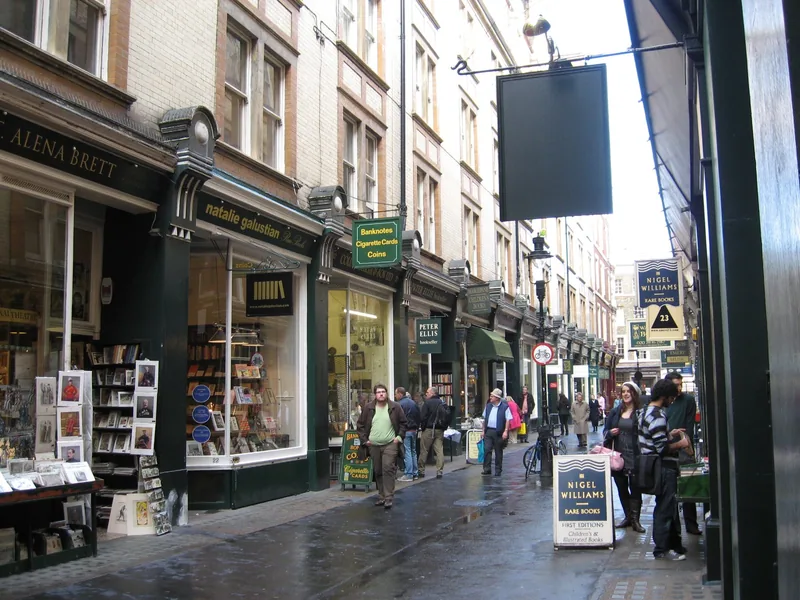 Specialist print, coin and rare-book shops along Cecil Court, a pedestrian lane off Charing Cross Road