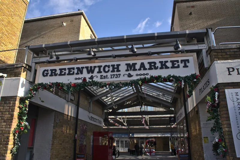 Greenwich Market Est. 1737 sign over the entrance to the covered market