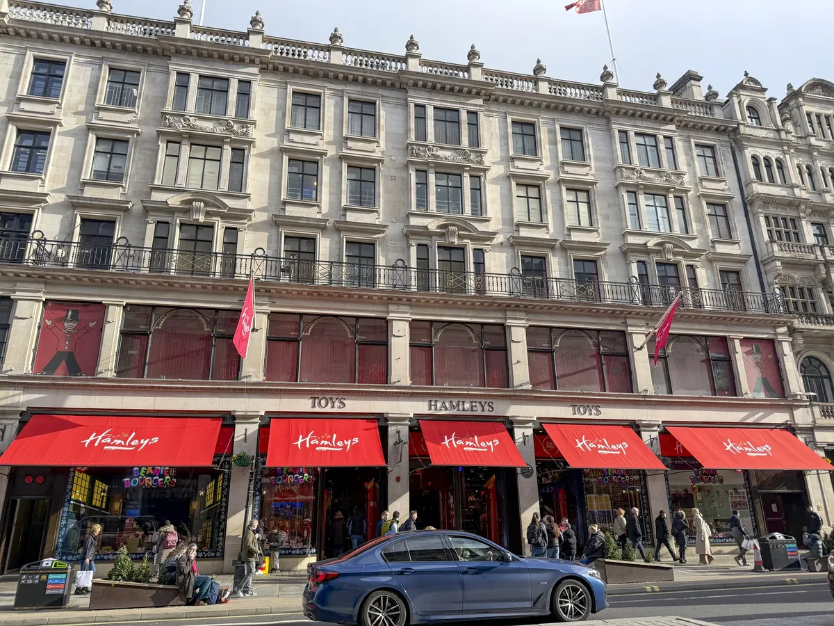 The Hamleys toy shop on Regent Street, its red awnings running the length of the facade