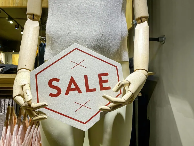 A wooden artist's mannequin standing in a shop window, holding a card printed with the word SALE in red