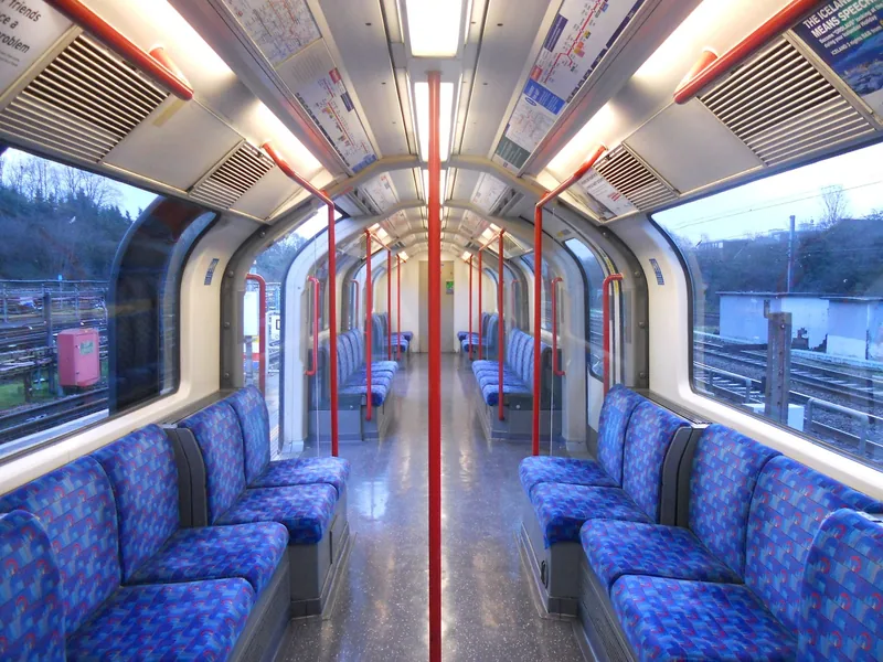 An empty Central line 1992 stock carriage with blue moquette seats and red grab poles