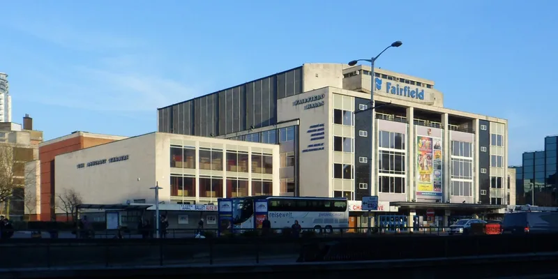 The concrete and glass frontage of Fairfield Halls concert venue in Croydon