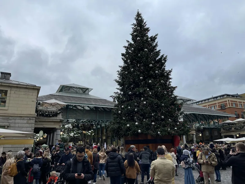 Crowds in winter coats around the tall Christmas tree in the Covent Garden piazza under a grey sky