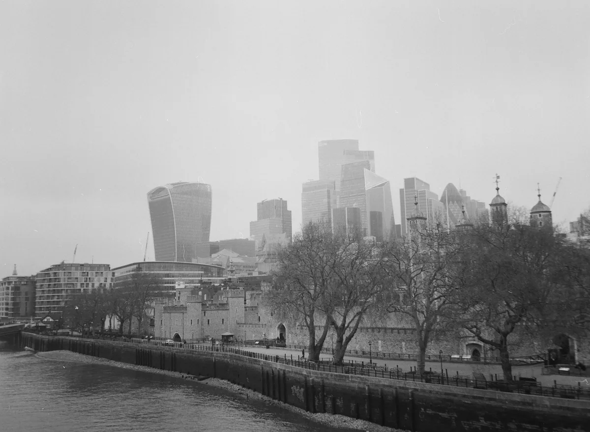 Grey winter mist over the City of London skyline and the Tower of London, with bare riverside trees