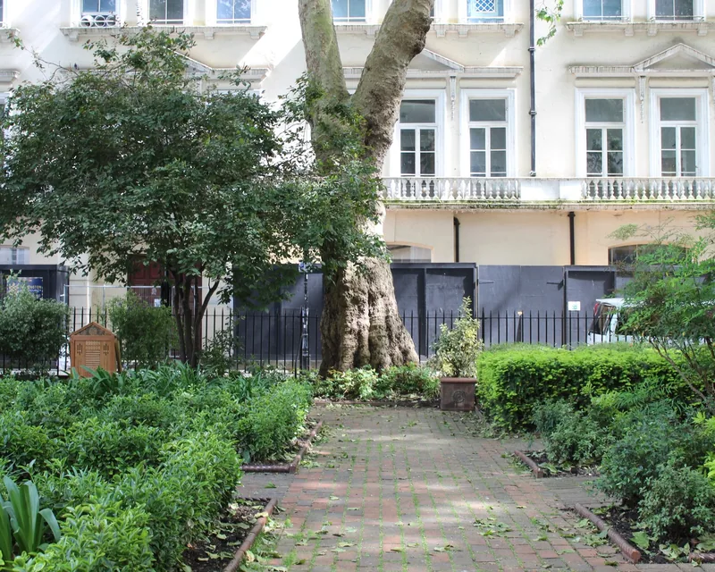 A brick path between clipped hedges and a plane tree in Norfolk Square Garden, Paddington