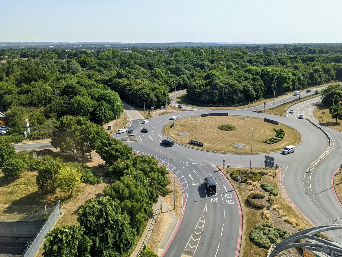 Looking down on the roundabout and approach roads at the edge of Gatwick Airport