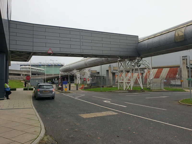 Covered footbridges crossing the road between Heathrow's terminal and nearby hotels