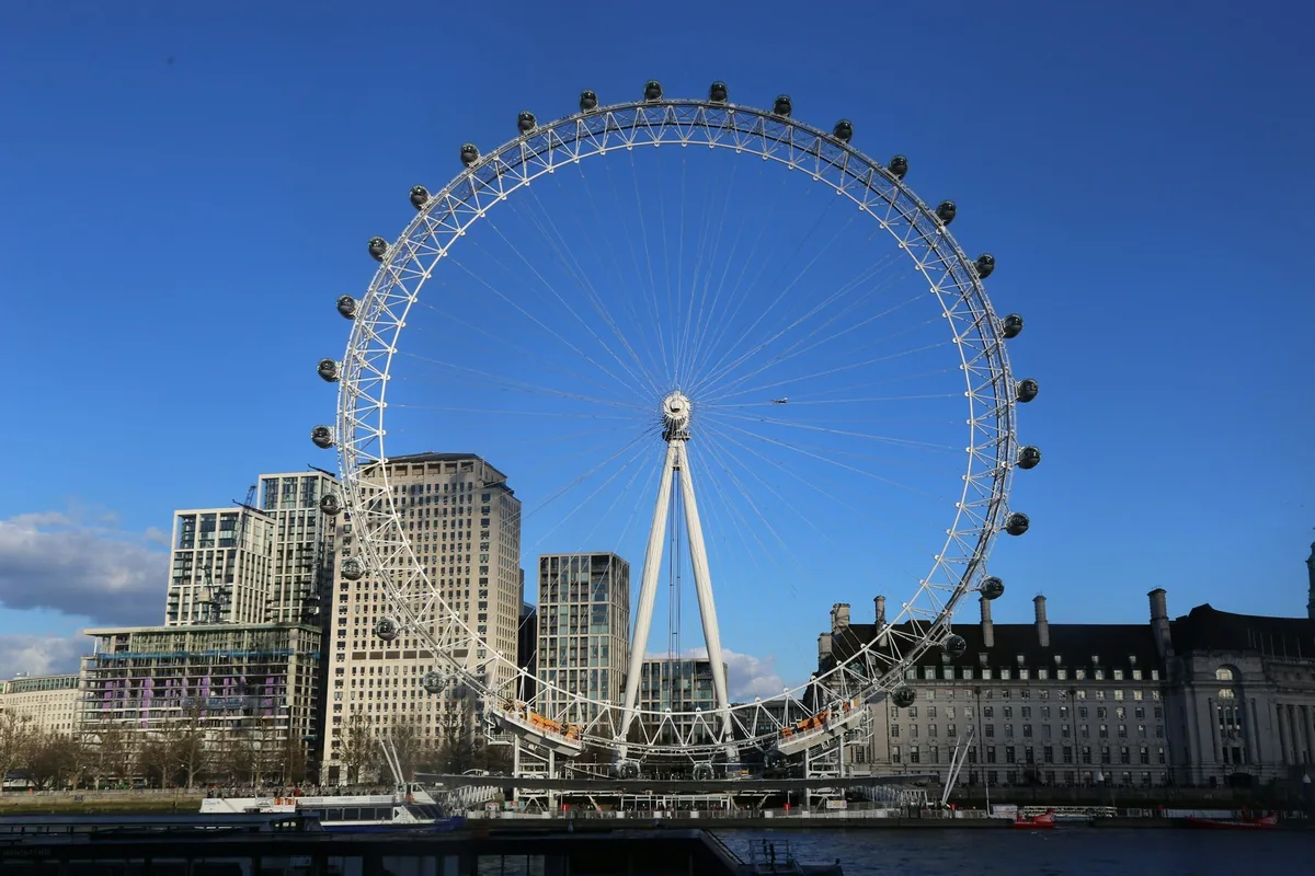 The London Eye turning above County Hall and the South Bank on a clear day